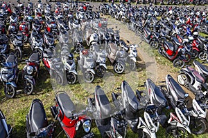 Motorbike parking on the street on island Bali, Indonesia