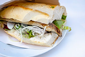 Balik Ekmek, Turkish fish sandwitch with mackerel,  popular street food in Istanbul, Turkey
