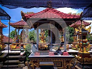 Balinese Altar And Shrines In The Middle Of The Temple With Gold Color At Patemon Village