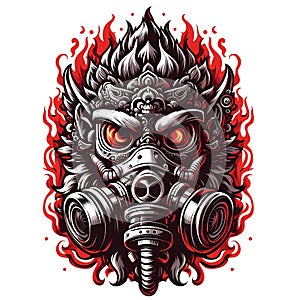Balinese barong, wearing a robot-style gas mask complete with gold and fire decorations