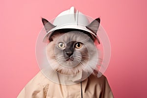 Balinese Cat Dressed As A Fireman On Blush Color Background