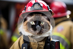 Balinese Cat Dressed As A Fireman At Work