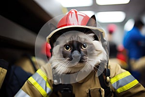 Balinese Cat Dressed As A Fireman At Work