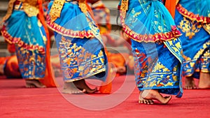 Balinese dancer girls in traditional Sarong costume dancing Legong dance