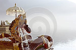 Balinese Dragon Statue With an Umbrella Near By the Lake