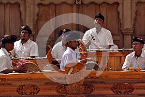 Balinese gamelan orchestra playing traditional music in Bali Indonesia