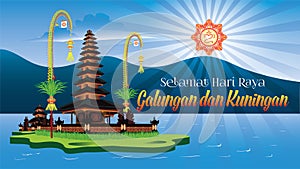 Balinese Hindu Holiday Greeting Selamat Galungan Dan Kuningan Means Happy Galungan And Kuningan With Ulun Danu Temple Scenery