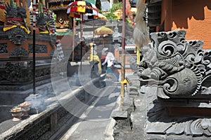 Balinese man celebrating Galungan Kuningan holidays in Bali Indonesia