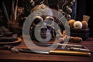 balinese mask on a table with carving tools