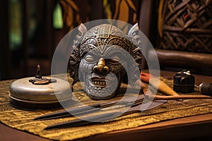 balinese mask on a table with carving tools