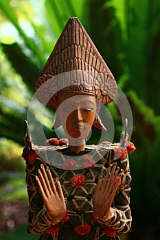 Balinese Wood & Old Asian Coin Statue
