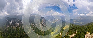 Balkan aerial mountains panorama with clouds and green forests, Maglic, Bosnia and Herzegovina