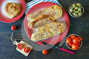 Balkan cuisine. Bureks - popular national dish.  Flat lay
