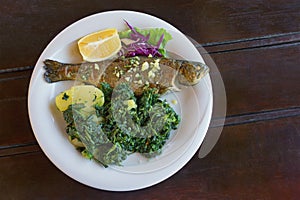 Balkan cuisine. Grilled fish with leafy green vegetables on white plate. Dark rustic background. Flat lay, free space