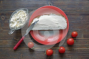 Balkan cuisine. Kaymak - soft white cheese - on slice of bread