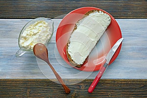 Balkan cuisine. Kaymak - soft white cheese - on slice of bread