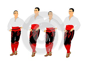Balkan dancers vector illustration isolated on white background. Folk dance kolo in east Europe. Greek Evzone traditional dancing