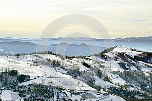 Balkan mountain ranges in winter sunny day.