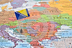 Map and flag of Bosnia and Herzegovina, Balkan peninsula photo