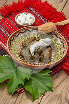 Balkanic food sarma in a clay plate served with sour cream