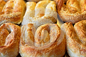Balkans pastry borek on display in a bakery photo
