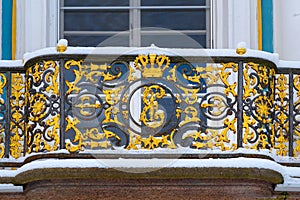 Balkony of Pavilion Hermitage in Catherine park at Tsarskoe Selo in winter. Pushkin. Saint Petersburg. Russia