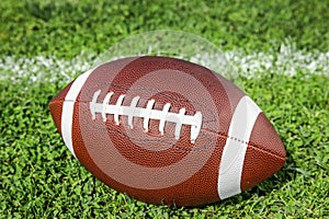 Ball for American football on fresh green field