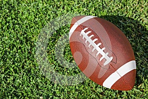 Ball for American football on fresh green field grass