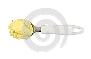 Ball of banana-vanilla ice cream in scoop