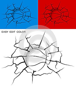 Ball for basketball hit wall powerfully and damaged, cracks on wall. Sports design element. Active lifestyle. Vector on white or