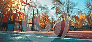 Ball in basketball hoop on playground