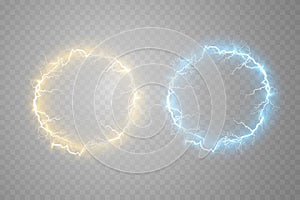 Ball blue and golden lightning on a transparent background. Vector illustration, abstract electric lightning in the dark