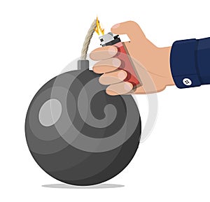 Ball bomb about to explode and hand with lighter