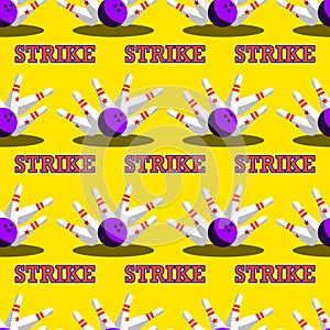 Ball bowls hit all falling pins and strike.Pattern.vector illustration.