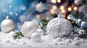 ball ,Bright Christmas Holidays background with Xmas white ornament on snow