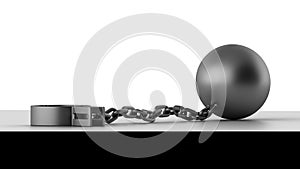 Ball and chain with an open shackle. Isolated on white background. 3D-rendering.