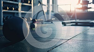 ball closeup in gym, empty modern interior with various equipment