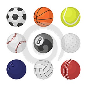 Ball collection. Sports equipment game balls football basketball tennis cricket billiards bowling volleyball symbols