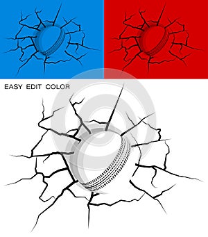ball for cricket hit wall powerfully and damaged  cracks on wall. Sports design element. Active lifestyle. Vector on white or