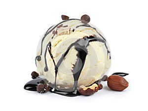 Ball of delicious vanilla ice cream with toppings photo