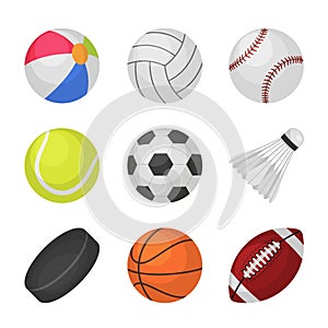 Ball games. Sports kids ball volleyball baseball tennis football soccer bambinton hockey basketball rugby balls vector