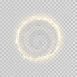 Ball golden lightning on a transparent background. Vector illustration, abstract electric lightning in the dark blue sky