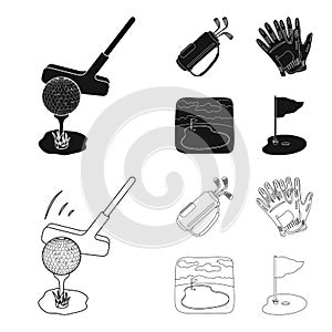 A ball with a golf club, a bag with sticks, gloves, a golf course.Golf club set collection icons in black,outline style