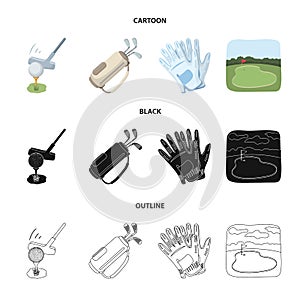 A ball with a golf club, a bag with sticks, gloves, a golf course.Golf club set collection icons in cartoon,black