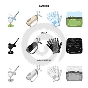 A ball with a golf club, a bag with sticks, gloves, a golf course.Golf club set collection icons in cartoon,black