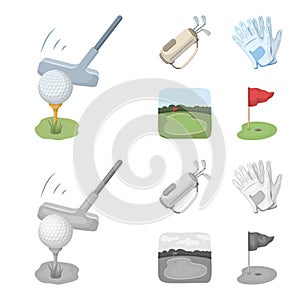 A ball with a golf club, a bag with sticks, gloves, a golf course. Golf club set collection icons in cartoon, monochrome