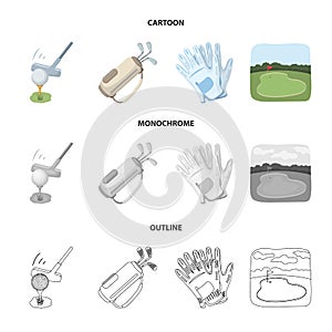 A ball with a golf club, a bag with sticks, gloves, a golf course.Golf club set collection icons in cartoon,outline