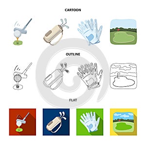 A ball with a golf club, a bag with sticks, gloves, a golf course.Golf club set collection icons in cartoon,outline,flat