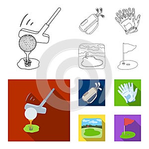 A ball with a golf club, a bag with sticks, gloves, a golf course.Golf club set collection icons in outline,flat style