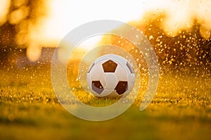 A ball on the green grass field for soccer football game under the sunset ray light and rain.